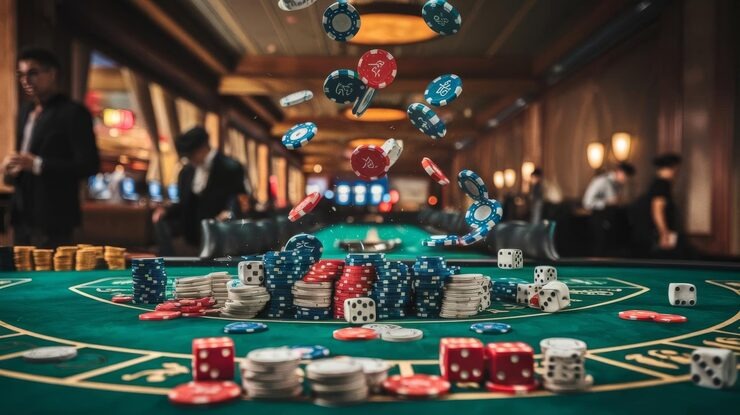 Clear HD capture of dice roll outcome HD camera angle of three dice showing result in Dadu Online studio